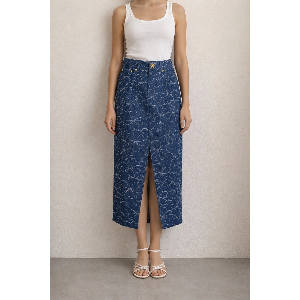 Avec Les Filles Embroidered Floral Denim Midi Skirt NWT S Coquette Cottagecore
